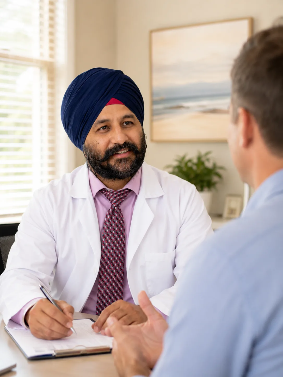 Dr. Saminder Singh consulting warmly with a patient at Addison Medical