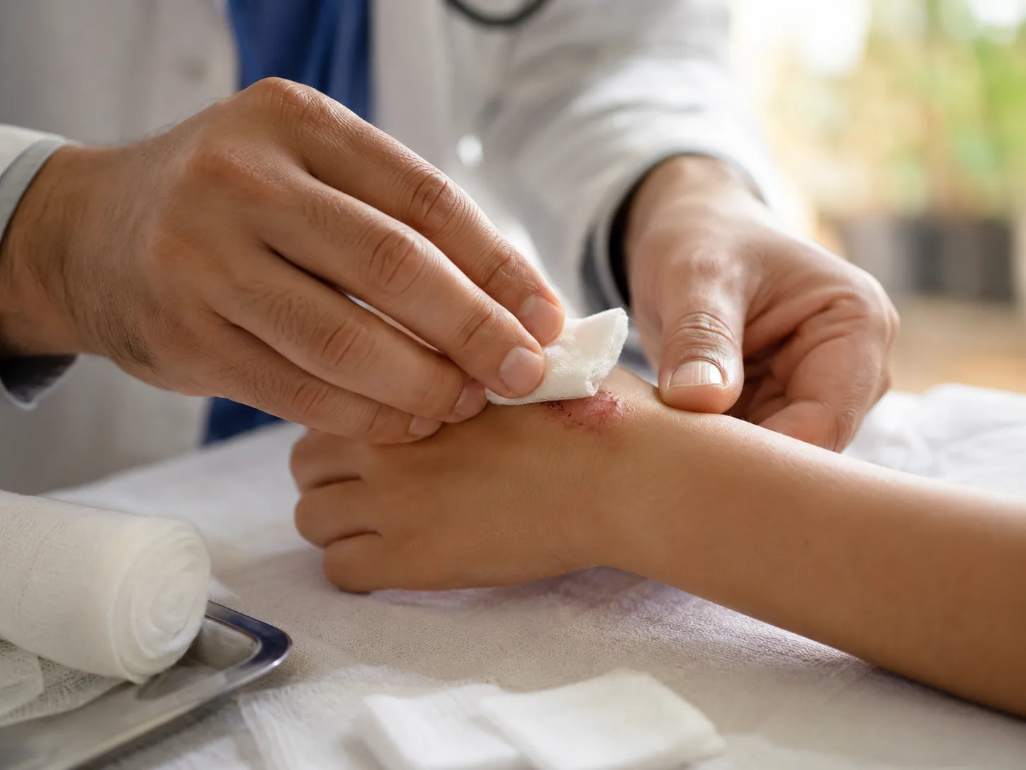 Doctor gently performing minor medical procedure in office